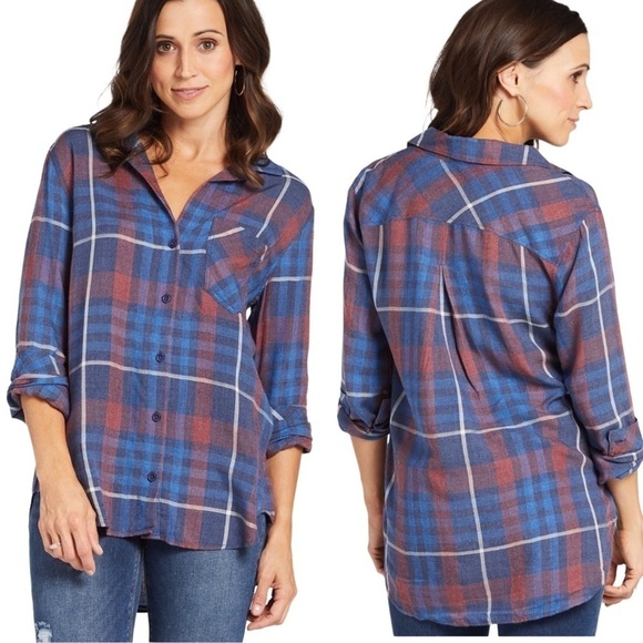 Anthropologie Cloth & Stone Aurora Plaid Button Down Red Blue small style B2808 - Picture 1 of 12